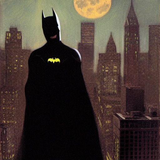 14156-129830945-batman looking down on Gotham on the roof of a skyscraper,  realism, high resolution, Thomas Eakins, dark, moody, night, moonlit.webp